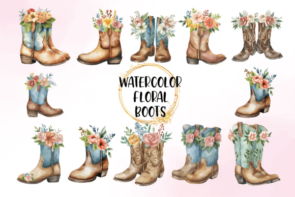 Download Watercolor Floral Western Boots Clipart - Floral Collection
