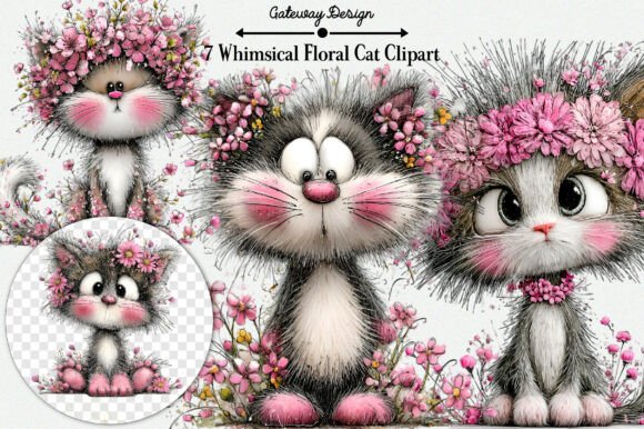 Download Whimsical Floral Cat Clipart - Floral Collection