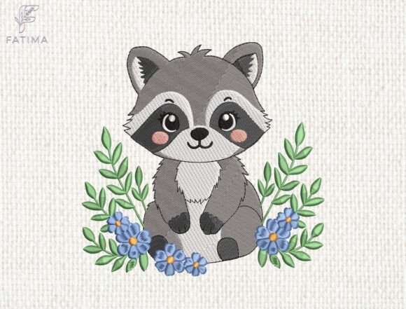 Download Baby Raccoon Floral Embroidery Design - Floral Collection