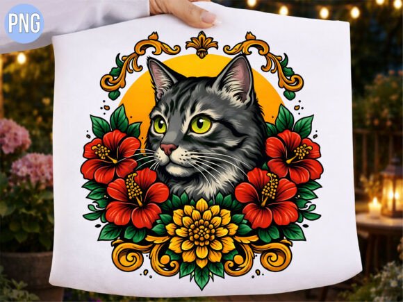 Download Vintage Floral Tabby Cat Head Design PNG - Floral Collection