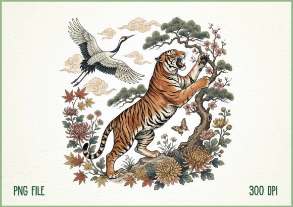 Download Vintage Japanese Tiger Crane Floral PNG - Floral Collection